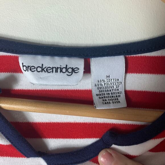 Nautical Red Striped Breckenridge V Neck T Shirt Navy Blue Trim Patches MEDIUM - Picture 10 of 11